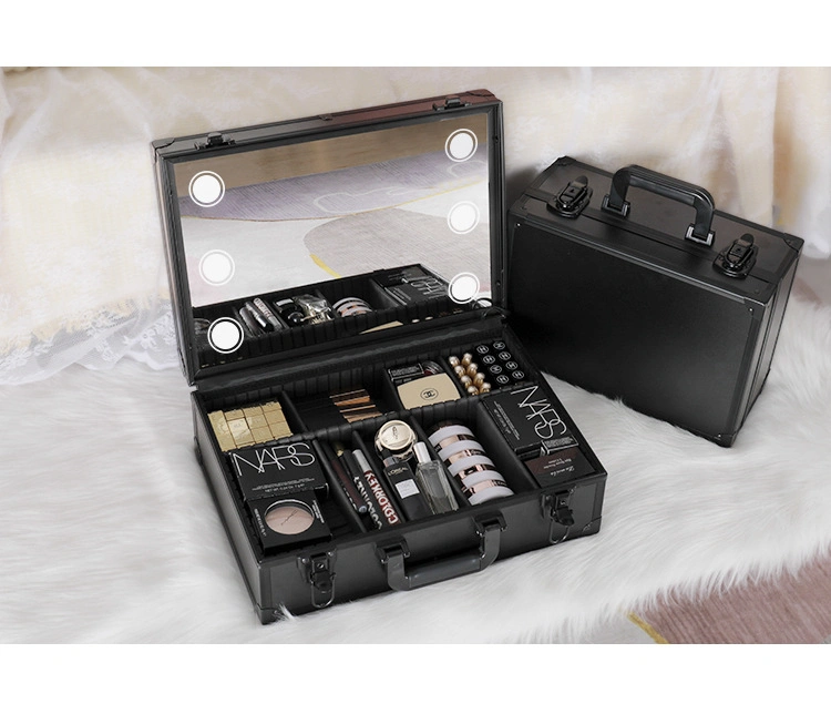 Professional Large Aluminum Tool Box Cosmetic Case with Lock Portable Storage Makeup Equipment Case with Light and Mirror